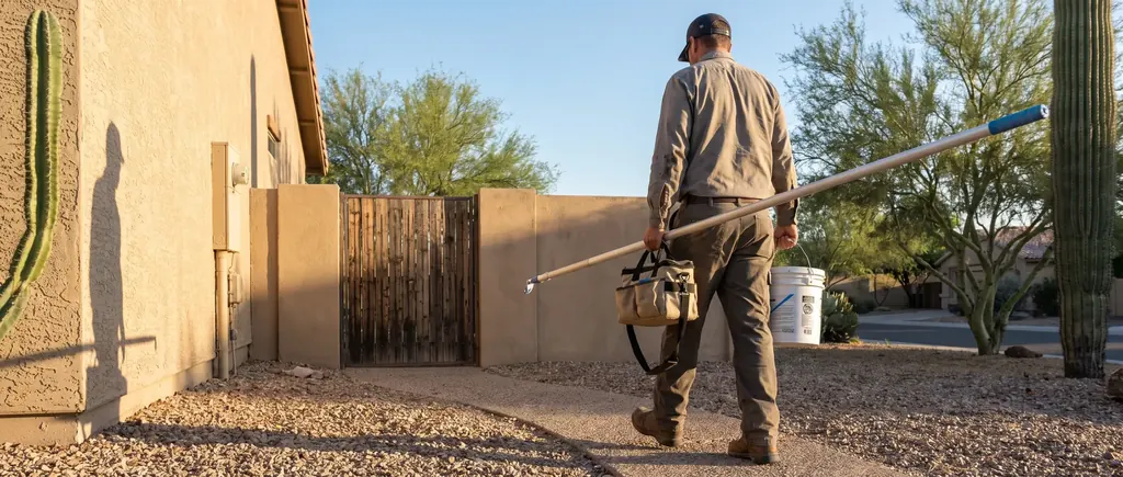 Pool service technician walking to a back yard gate in Tucson carrying tools
