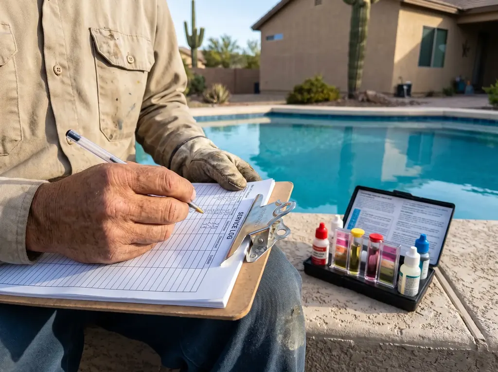 Pool technician logging water test readings on a service sheet