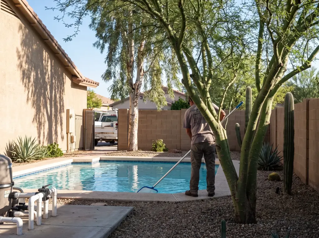 Back yard pool in Casas Adobes with mature trees