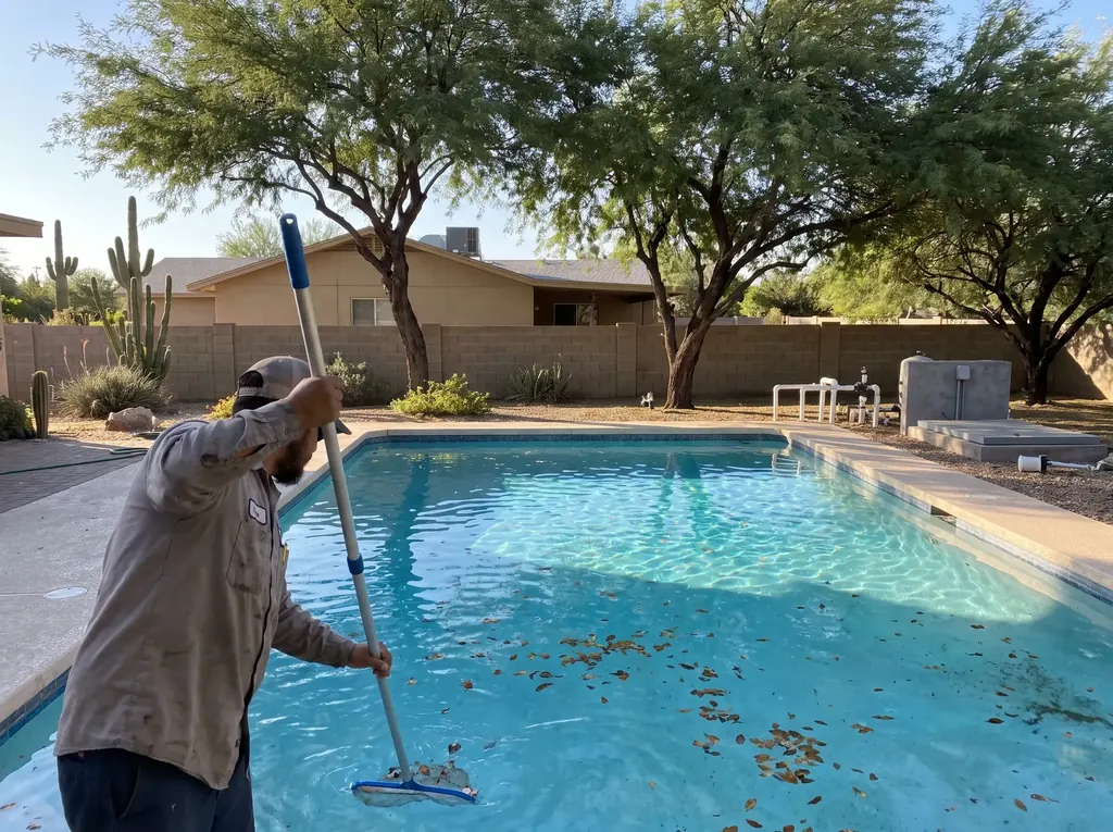 Back yard pool in a central Tucson neighborhood with mature trees