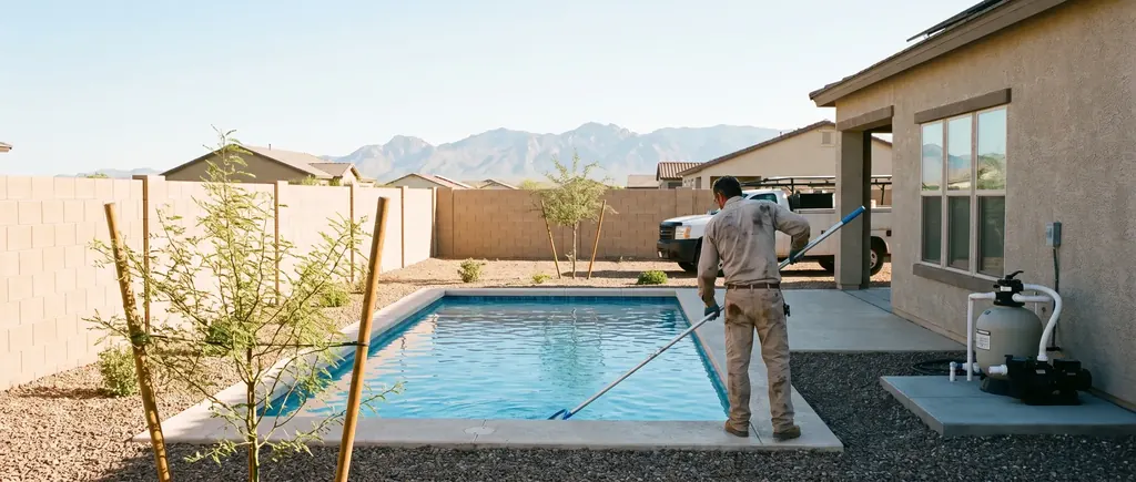 Newer Marana home back yard with a pool and young landscaping