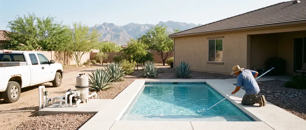 Back yard pool in Sahuarita with desert landscaping
