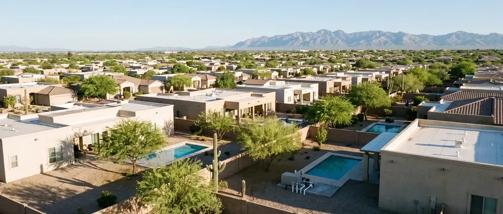 Tucson neighborhoods with back yard pools and the Santa Catalina Mountains behind