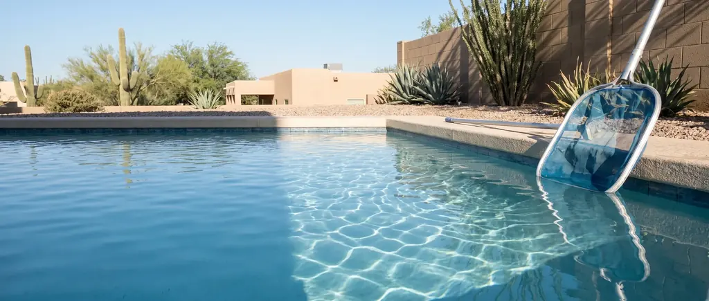 Clean clear back yard pool in Tucson on a bright morning