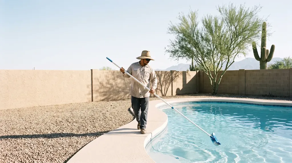 Pool technician brushing the walls of a clear blue back yard pool in Tucson on a bright morning
