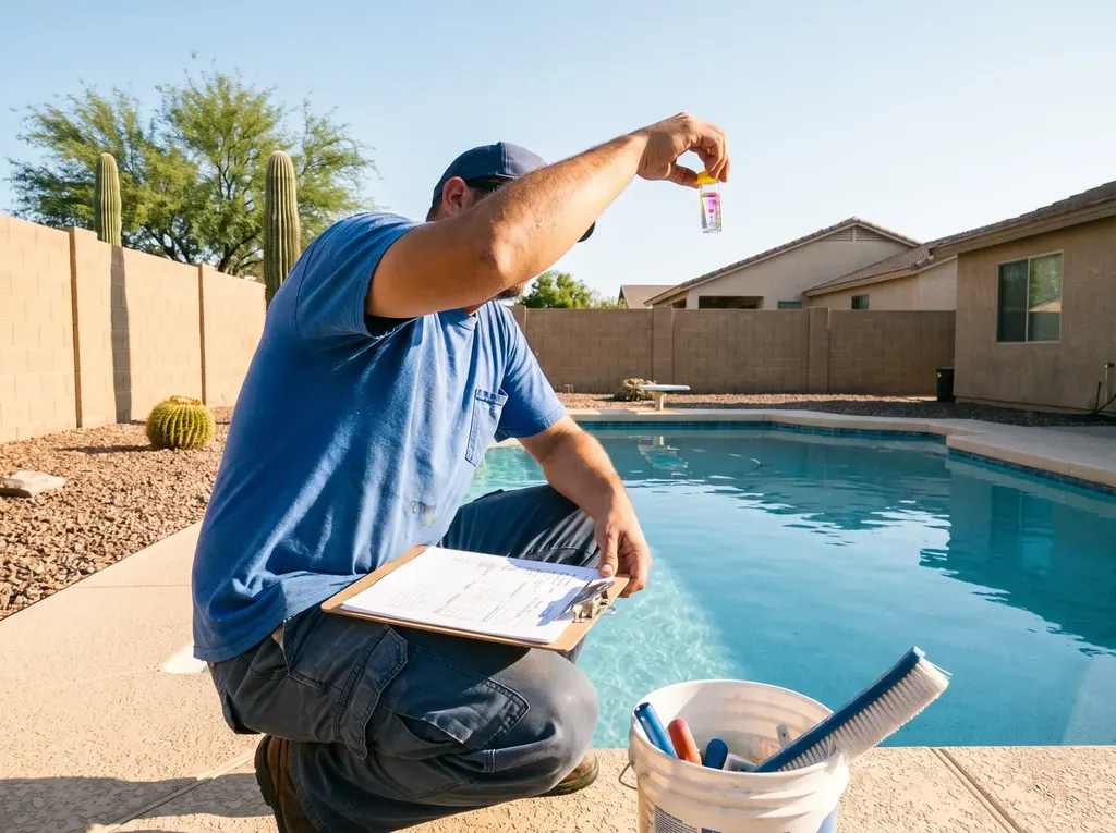 Technician testing pool water with a test kit at the edge of a Tucson pool