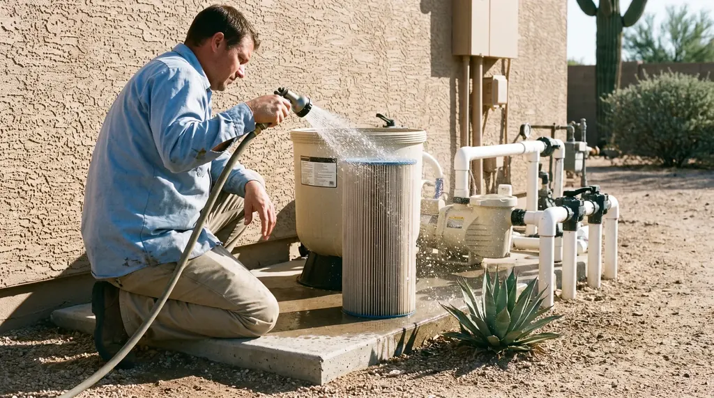 Pool service technician cleaning a cartridge filter at an equipment pad beside a Tucson home