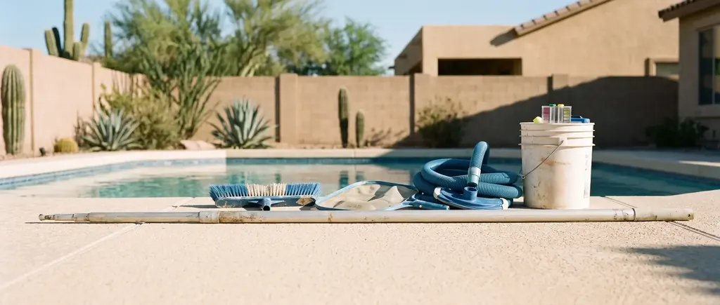 Pool service tools laid out beside a Tucson pool, including brushes, a leaf net and a test kit
