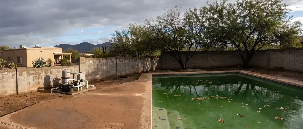 Green pool in a Tucson back yard before algae treatment