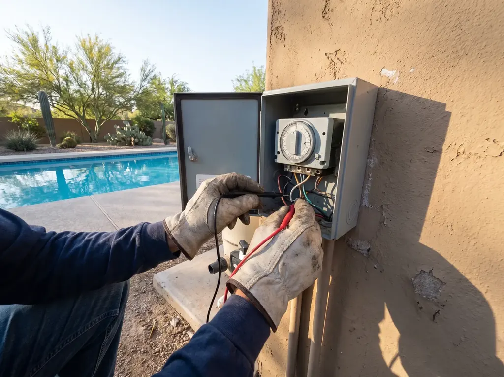 Technician testing pool equipment wiring with a multimeter