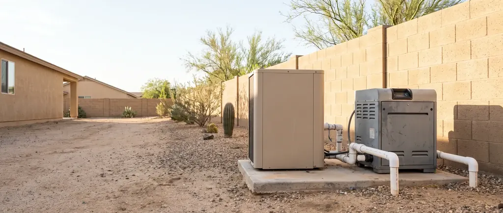 Pool heater and heat pump at a Tucson equipment pad