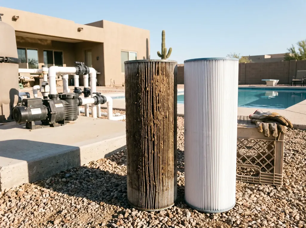 Dirty and clean pool filter cartridges side by side