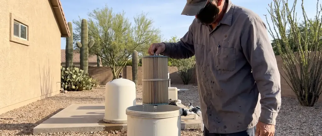 Pool filter tank opened for cleaning at a Tucson home