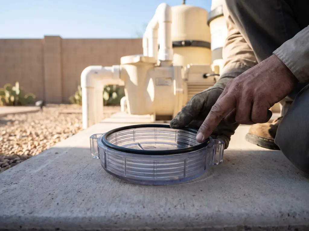 Technician replacing an O-ring on a pool pump lid