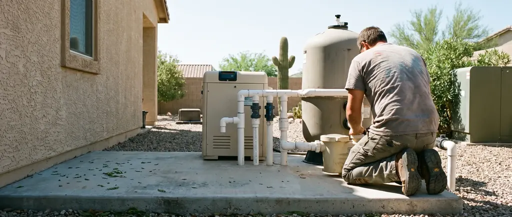 Pool equipment pad with pump, filter and plumbing beside a Tucson home