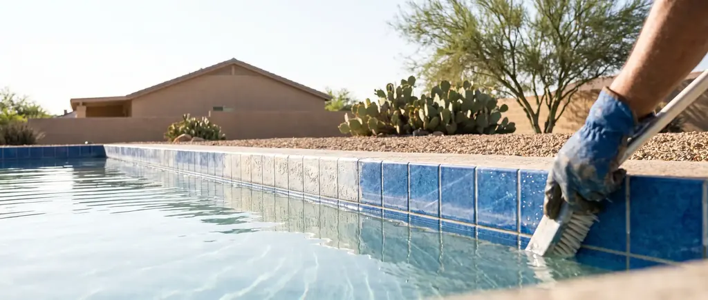 Calcium scale on pool tile along the waterline of a Tucson pool