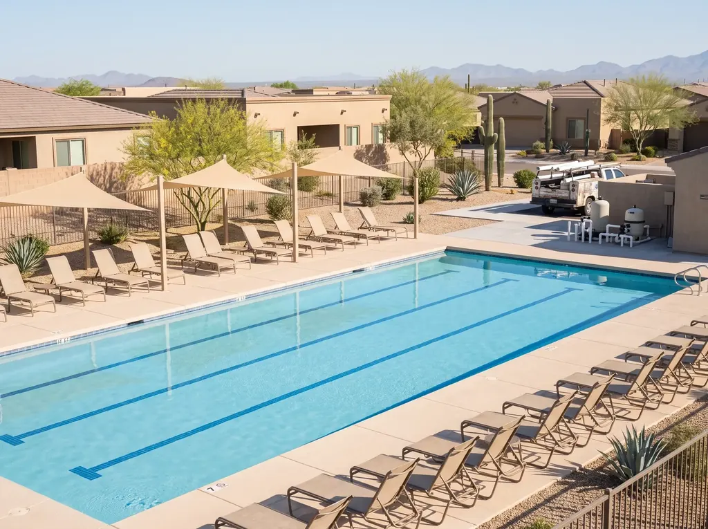 Community pool at a Tucson HOA with lounge chairs