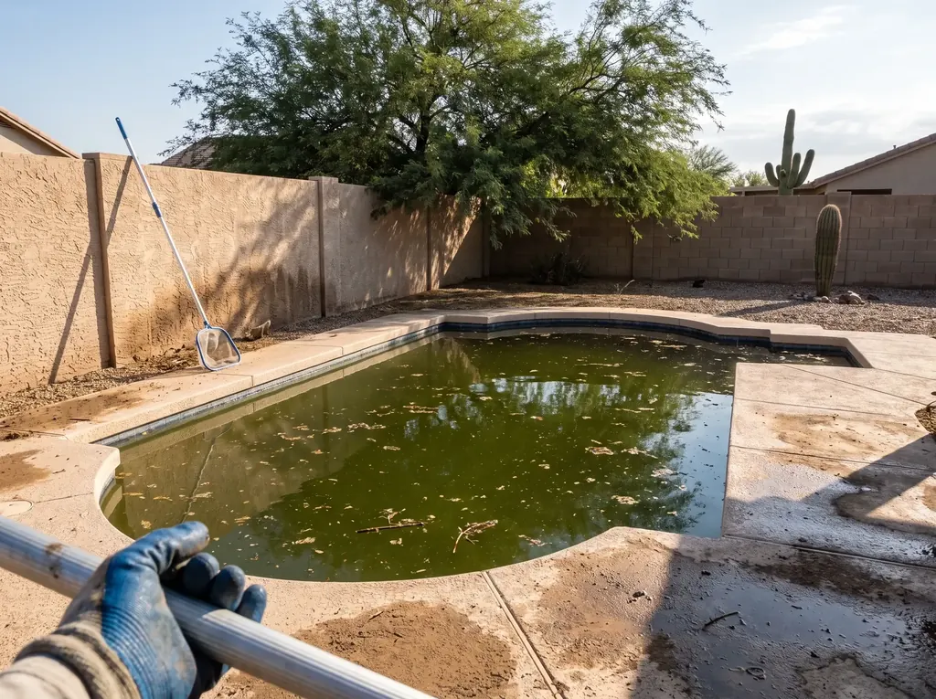 Green algae filled back yard pool in Tucson before cleanup