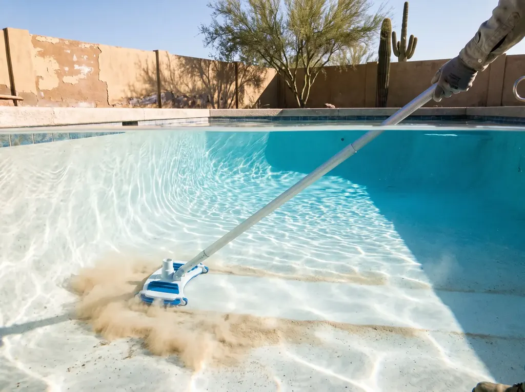 Pool vacuum head cleaning the floor of a clear pool