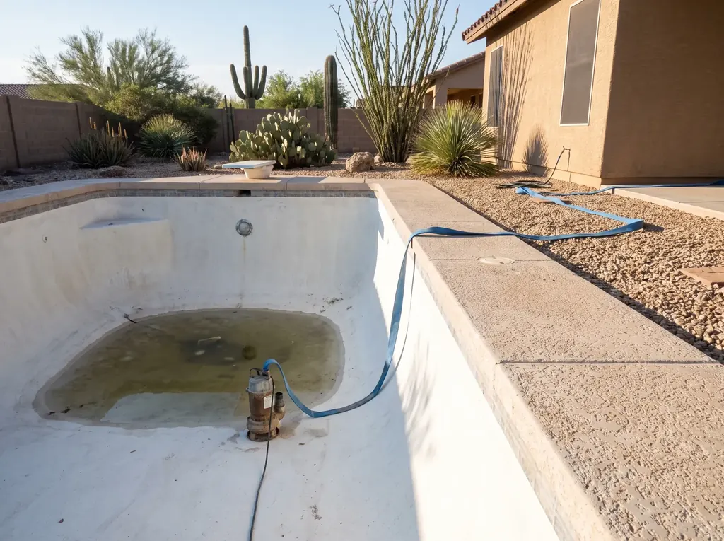 Drained Tucson pool with a submersible pump hose running out of it