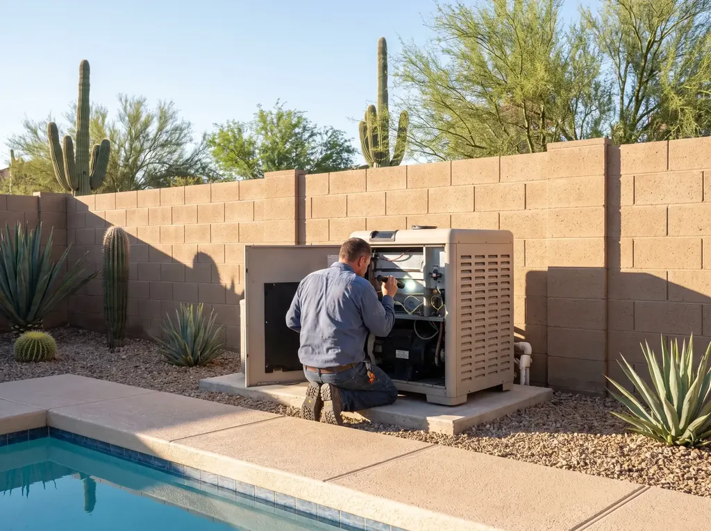 Technician checking a pool heater at an equipment pad