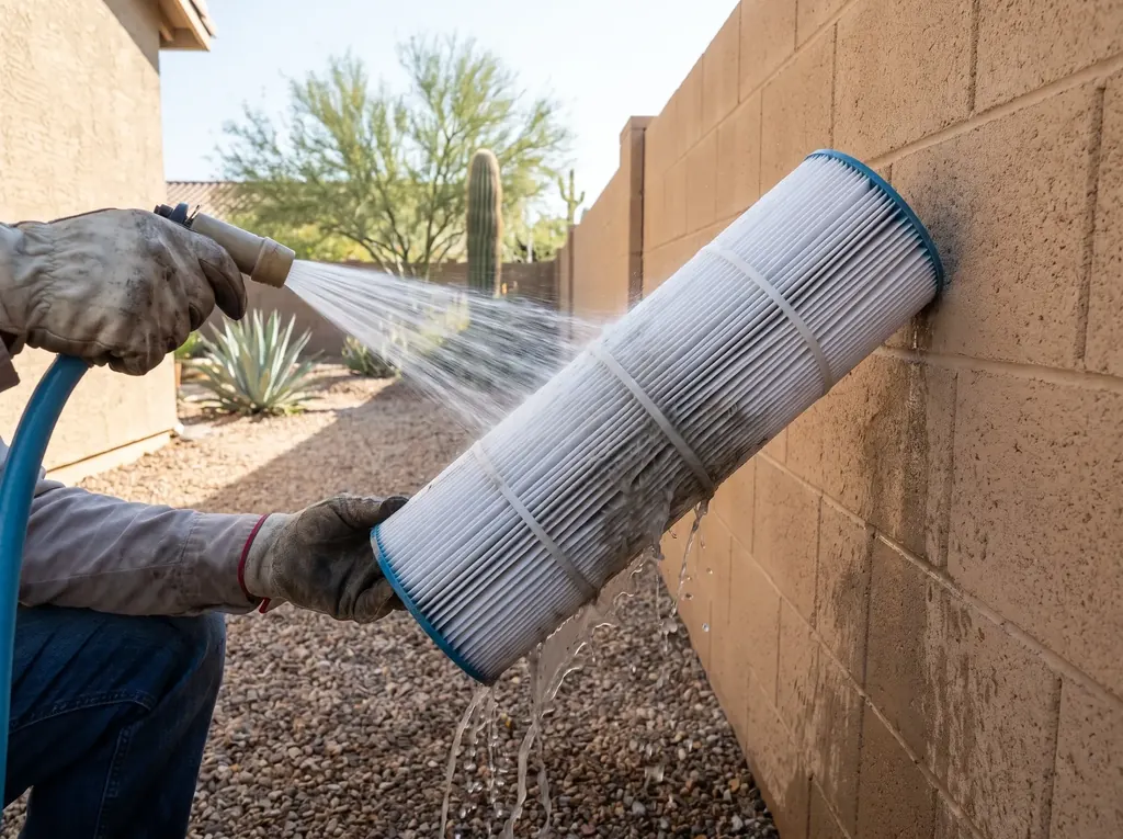 Cartridge pool filter being rinsed with a hose
