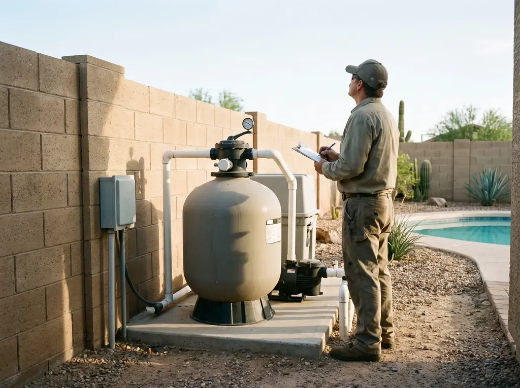 Technician inspecting pool equipment with a clipboard