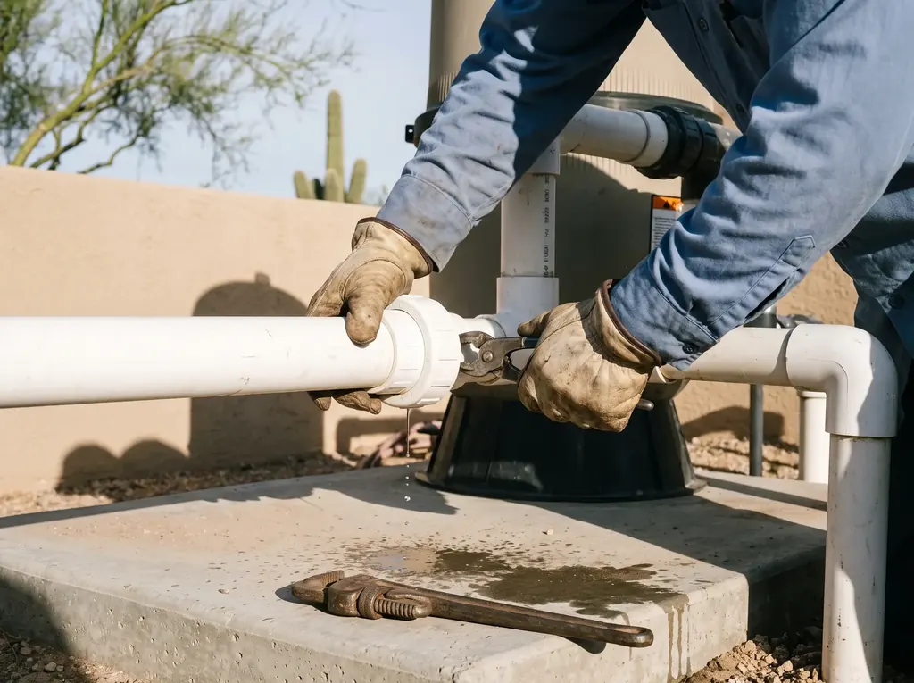 Technician tightening a plumbing union at a pool equipment pad