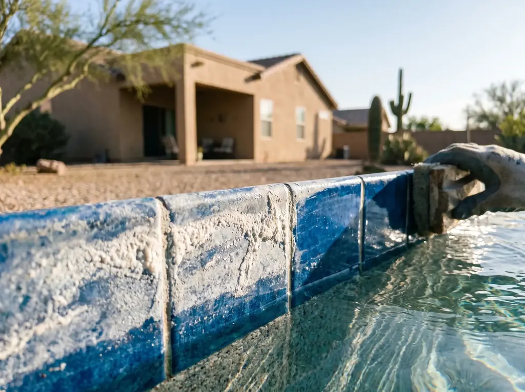 White calcium scale on pool waterline tile