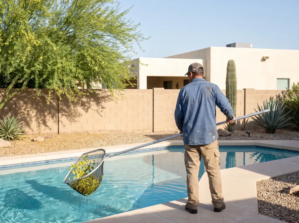 Technician skimming leaves from a Tucson pool with a leaf net