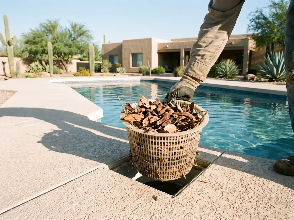 Emptying a pool skimmer basket full of leaves