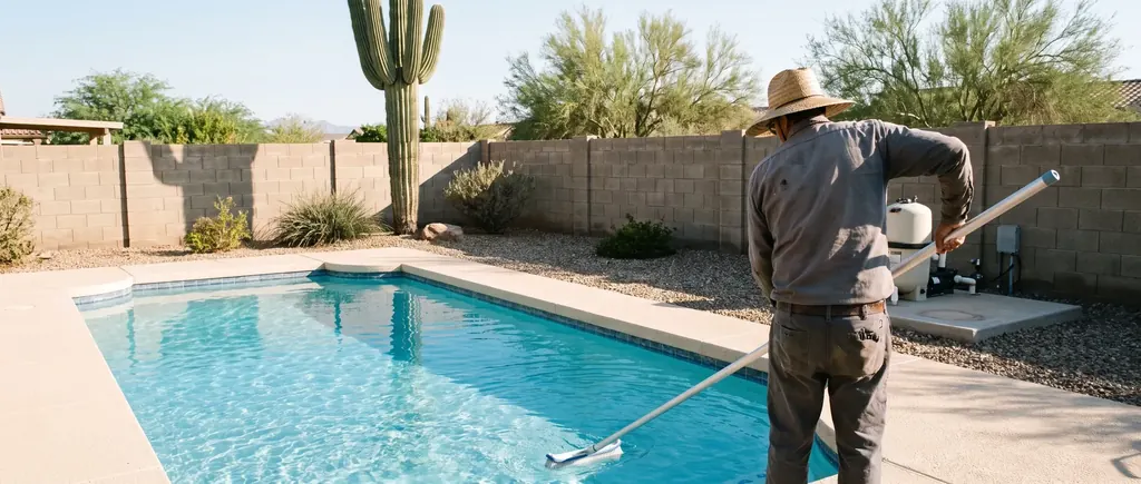 Technician brushing pool walls during weekly service in Tucson